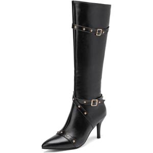 imageSHEMEE Women Stiletto Heels Knee High Boots Pointy Toe Fashion Studded Buckled Punk Tall Boots Full Zipper ShoesBlack