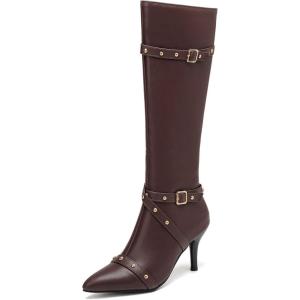 imageSHEMEE Women Stiletto Heels Knee High Boots Pointy Toe Fashion Studded Buckled Punk Tall Boots Full Zipper ShoesBrown
