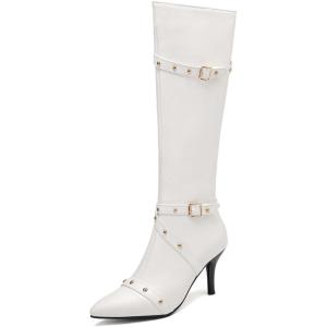 imageSHEMEE Women Stiletto Heels Knee High Boots Pointy Toe Fashion Studded Buckled Punk Tall Boots Full Zipper ShoesWhite