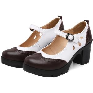 imageSHEMEE Womens Block High Heels Platform Mary Janes Pumps Ankle Strap Buckle Chunky Heel Wingtip Oxfords Dress Rockabilly ShoesBrown White