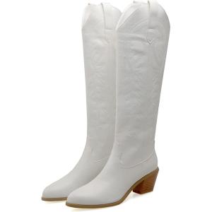 imageSHEMEE Womens Embroidered Cowboy Boots Stacked Chunky Heel Knee High Boots Western Cowgirl Long BootsWhite