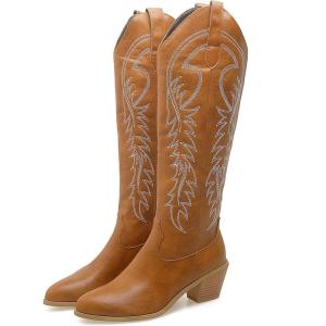imageSHEMEE Womens Embroidered Cowboy Boots Stacked Chunky Heel Knee High Boots Western Cowgirl Long BootsYellow