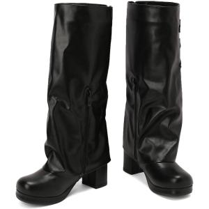 imageSHEMEE Womens Fold Over Boots Block Heels Knee High Boots Chunky Platform Square Toe Shark Boot Side Zipper Buckled Moto Biker BootsBlack