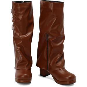 imageSHEMEE Womens Fold Over Boots Block Heels Knee High Boots Chunky Platform Square Toe Shark Boot Side Zipper Buckled Moto Biker BootsBrown
