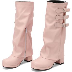imageSHEMEE Womens Fold Over Boots Block Heels Knee High Boots Chunky Platform Square Toe Shark Boot Side Zipper Buckled Moto Biker BootsPink
