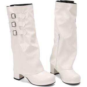 imageSHEMEE Womens Fold Over Boots Block Heels Knee High Boots Chunky Platform Square Toe Shark Boot Side Zipper Buckled Moto Biker BootsWhite