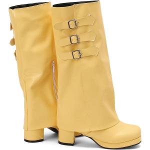 imageSHEMEE Womens Fold Over Boots Block Heels Knee High Boots Chunky Platform Square Toe Shark Boot Side Zipper Buckled Moto Biker BootsYellow