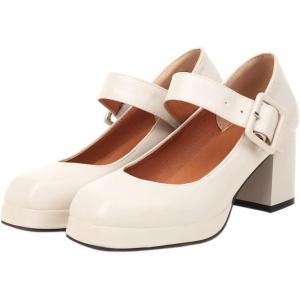 imageSHEMEE Womens Square Toe Mary Janes Chunky Heels Platform Shoes Ankle Strap Buckle Block High Heel Dress PumpsBeige