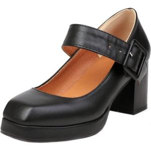 imageSHEMEE Womens Square Toe Mary Janes Chunky Heels Platform Shoes Ankle Strap Buckle Block High Heel Dress PumpsBlack