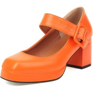 imageSHEMEE Womens Square Toe Mary Janes Chunky Heels Platform Shoes Ankle Strap Buckle Block High Heel Dress PumpsOrange