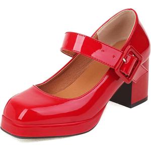 imageSHEMEE Womens Square Toe Mary Janes Chunky Heels Platform Shoes Ankle Strap Buckle Block High Heel Dress PumpsRed Patent