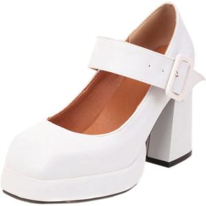 imageSHEMEE Womens Square Toe Mary Janes Chunky Heels Platform Shoes Ankle Strap Buckle Block High Heel Dress PumpsWhite