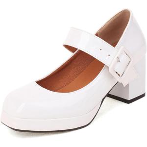 imageSHEMEE Womens Square Toe Mary Janes Chunky Heels Platform Shoes Ankle Strap Buckle Block High Heel Dress PumpsWhite Patent