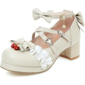 imageSHEMEE Womens Sweet Bowknot Cosplay Shoes Chunky Platform Block Heels Buckle Ankle Strap Mary Jane Dress PumpsBeige