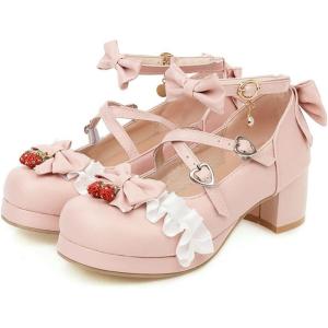 imageSHEMEE Womens Sweet Bowknot Cosplay Shoes Chunky Platform Block Heels Buckle Ankle Strap Mary Jane Dress PumpsPink