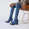 imageSHEMEE Chunky High Heels Denim Boot for Women Pointy Toe Block Heeled Dress Jeans BootsDark Blue Long