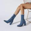 imageSHEMEE Chunky High Heels Denim Boot for Women Pointy Toe Block Heeled Dress Jeans BootsDark Blue Short