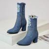imageSHEMEE Chunky High Heels Denim Boot for Women Pointy Toe Block Heeled Dress Jeans BootsDark Blue Short