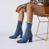 imageSHEMEE Chunky High Heels Denim Boot for Women Pointy Toe Block Heeled Dress Jeans BootsDark Blue Short