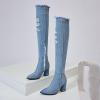 imageSHEMEE Chunky High Heels Denim Boot for Women Pointy Toe Block Heeled Dress Jeans BootsLight Blue Long