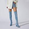imageSHEMEE Chunky High Heels Denim Boot for Women Pointy Toe Block Heeled Dress Jeans BootsLight Blue Long