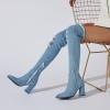 imageSHEMEE Chunky High Heels Denim Boot for Women Pointy Toe Block Heeled Dress Jeans BootsLight Blue Long