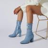 imageSHEMEE Chunky High Heels Denim Boot for Women Pointy Toe Block Heeled Dress Jeans BootsLight Blue Short