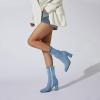 imageSHEMEE Chunky High Heels Denim Boot for Women Pointy Toe Block Heeled Dress Jeans BootsLight Blue Short