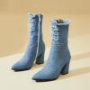 imageSHEMEE Chunky High Heels Denim Boot for Women Pointy Toe Block Heeled Dress Jeans BootsLight Blue Short
