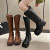 imageSHEMEE Womens Knee High Boots Comfort Square Toe Slip On Riding Motorcycle Boots Punk Chunky Low Heels Fashion Buckles Biker BootsBlack B