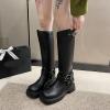 imageSHEMEE Womens Knee High Boots Comfort Square Toe Slip On Riding Motorcycle Boots Punk Chunky Low Heels Fashion Buckles Biker BootsBlack B