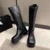 imageSHEMEE Womens Knee High Boots Comfort Square Toe Slip On Riding Motorcycle Boots Punk Chunky Low Heels Fashion Buckles Biker BootsBlack B