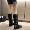 imageSHEMEE Womens Knee High Boots Comfort Square Toe Slip On Riding Motorcycle Boots Punk Chunky Low Heels Fashion Buckles Biker BootsBlack a