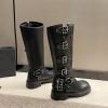 imageSHEMEE Womens Knee High Boots Comfort Square Toe Slip On Riding Motorcycle Boots Punk Chunky Low Heels Fashion Buckles Biker BootsBlack a