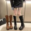 imageSHEMEE Womens Knee High Boots Comfort Square Toe Slip On Riding Motorcycle Boots Punk Chunky Low Heels Fashion Buckles Biker BootsBlack a