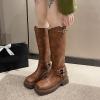 imageSHEMEE Womens Knee High Boots Comfort Square Toe Slip On Riding Motorcycle Boots Punk Chunky Low Heels Fashion Buckles Biker BootsBrown B