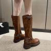 imageSHEMEE Womens Knee High Boots Comfort Square Toe Slip On Riding Motorcycle Boots Punk Chunky Low Heels Fashion Buckles Biker BootsBrown B