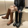 imageSHEMEE Womens Knee High Boots Comfort Square Toe Slip On Riding Motorcycle Boots Punk Chunky Low Heels Fashion Buckles Biker BootsBrown a