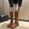 imageSHEMEE Womens Knee High Boots Comfort Square Toe Slip On Riding Motorcycle Boots Punk Chunky Low Heels Fashion Buckles Biker BootsBrown a
