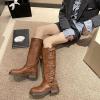 imageSHEMEE Womens Knee High Boots Comfort Square Toe Slip On Riding Motorcycle Boots Punk Chunky Low Heels Fashion Buckles Biker BootsBrown a