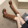 imageSHEMEE Womens Knee High Boots Comfort Square Toe Slip On Riding Motorcycle Boots Punk Chunky Low Heels Fashion Buckles Biker BootsBrown a