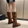 imageSHEMEE Womens Knee High Boots Comfort Square Toe Slip On Riding Motorcycle Boots Punk Chunky Low Heels Fashion Buckles Biker BootsBrown a