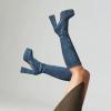 imageSHEMEE Womens Suede Stretch Boots Knee High Chunky Heels Platform Fashion Square Toe Block High Heels MidCalf BootsBlue