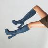 imageSHEMEE Womens Suede Stretch Boots Knee High Chunky Heels Platform Fashion Square Toe Block High Heels MidCalf BootsBlue