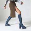 imageSHEMEE Womens Suede Stretch Boots Knee High Chunky Heels Platform Fashion Square Toe Block High Heels MidCalf BootsBlue
