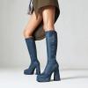imageSHEMEE Womens Suede Stretch Boots Knee High Chunky Heels Platform Fashion Square Toe Block High Heels MidCalf BootsBlue