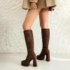imageSHEMEE Womens Suede Stretch Boots Knee High Chunky Heels Platform Fashion Square Toe Block High Heels MidCalf BootsBrown
