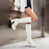 imageSHEMEE Womens Suede Stretch Boots Knee High Chunky Heels Platform Fashion Square Toe Block High Heels MidCalf BootsWhite