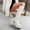 imageSHEMEE Womens Suede Stretch Boots Knee High Chunky Heels Platform Fashion Square Toe Block High Heels MidCalf BootsWhite