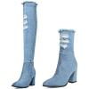 imageSHEMEE Chunky High Heels Denim Boot for Women Pointy Toe Block Heeled Dress Jeans BootsLight Blue Short